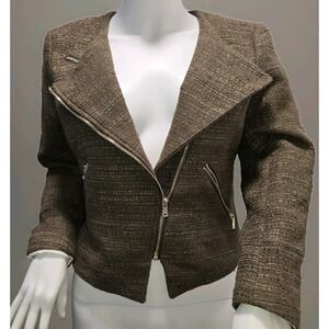 H&M Women's Brown Tweed Asymmetrical Zip Jacket‎ Size 10 EUR 40 Metallic Thread